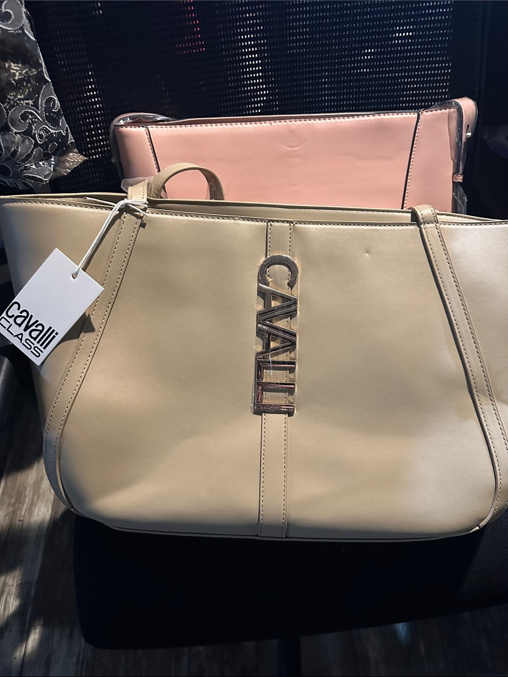 Cavalli Class Cream Leather Tote with Gold Logo